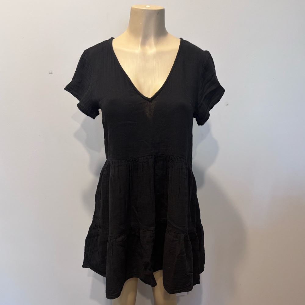 Rip Curl Black V-Neck Tiered Mini Dress Short Sleeve Casual Dress